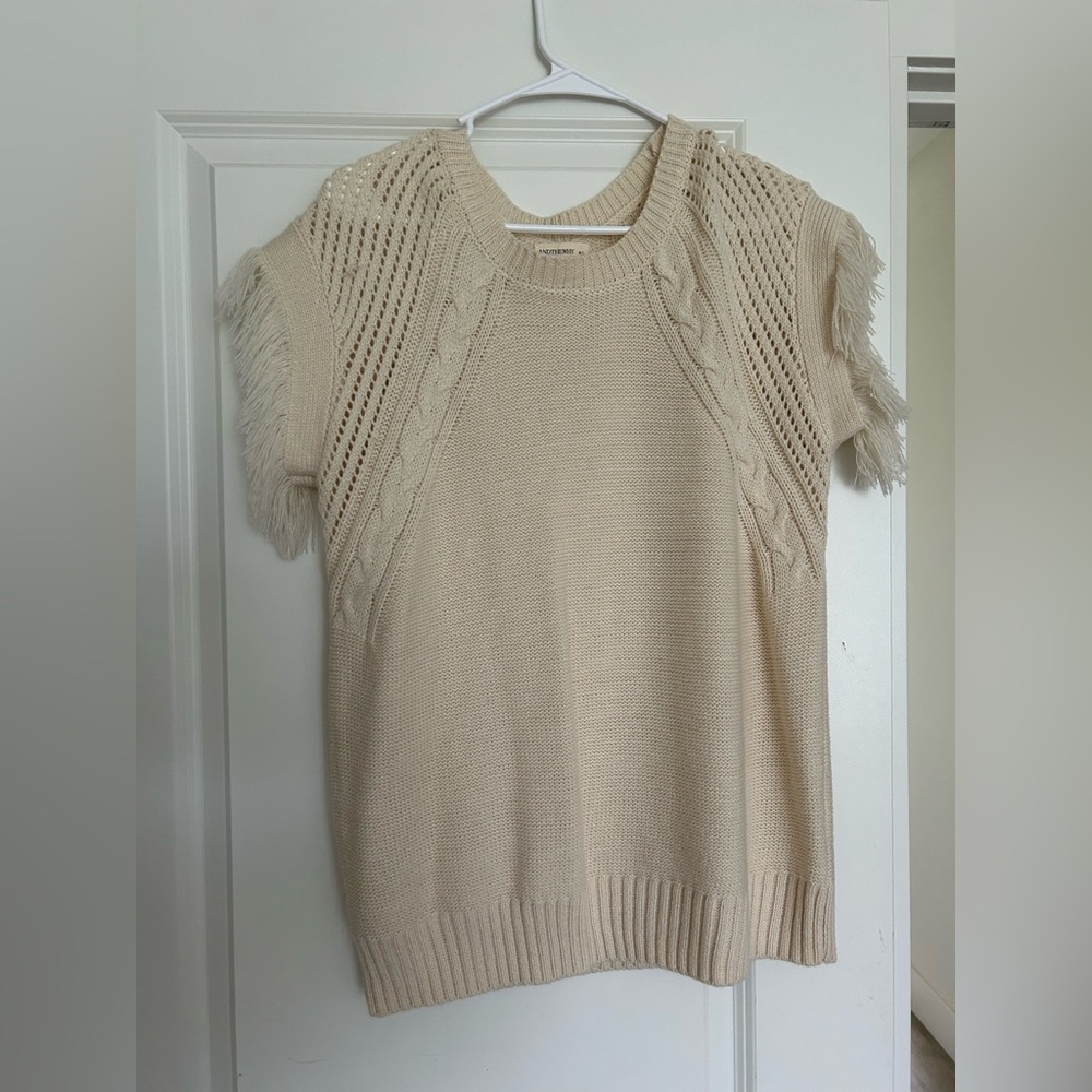 Fringed Knit Crewneck Sweater - Cream